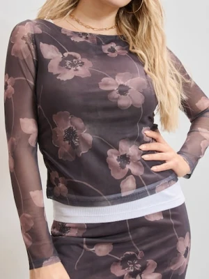 Sinsay - Bluzka z długimi rękawami z kwiatowym motywem - brązowy