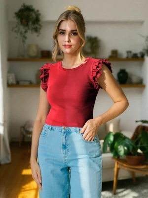 Sinsay - Bluzka z falbanami na rękawach - czerwony