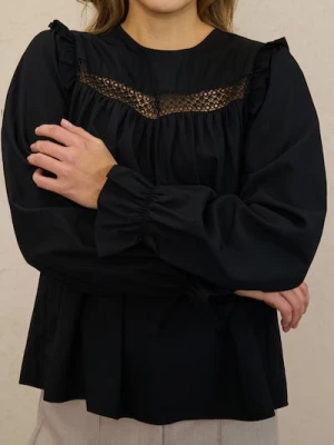 Sinsay - Bluzka z falbankami i ażurową wstawką - czarny