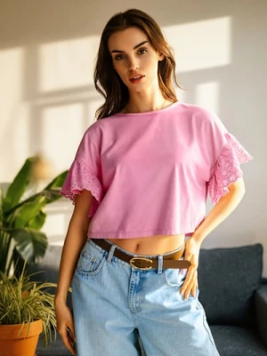Sinsay - Bluzka z koronkowymi rękawami - różowy