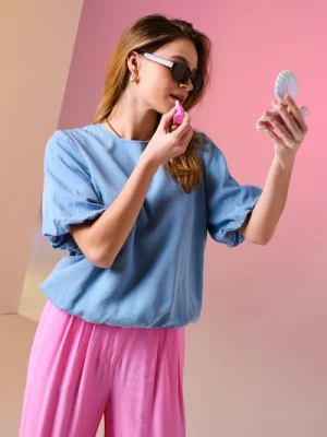 Sinsay - Bluzka z krótkim bufiastym rękawem z lyocellu - niebieski