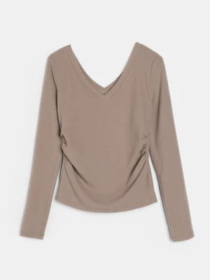 Sinsay - Bluzka z marszczeniami z domieszką wiskozy - brązowy