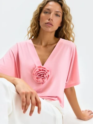 Sinsay - Bluzka z rękawami kimono z różą 3D - różowy