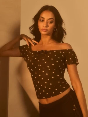 Sinsay - Bluzka z siateczką i marszczeniem w grochy - brązowy