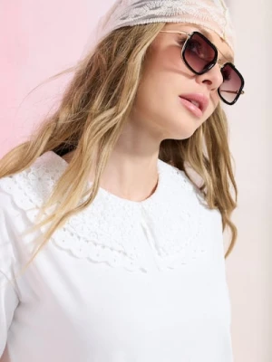 Sinsay - Bluzka z szydełkowym kołnierzykiem - kremowy