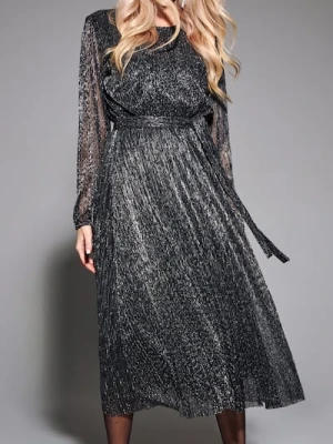 Sinsay - Błyszcząca sukienka midi z paskiem - srebrny