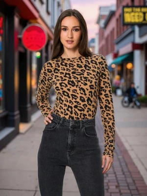 Sinsay - Body z długimi rękawami w panterkę - wielobarwny