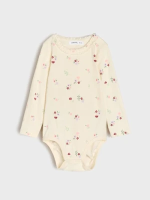 Sinsay - Body z ozdobnym dekoltem w kwiaty - kremowy