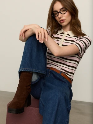 Sinsay - Botki z imitacji zamszu na słupku - brązowy