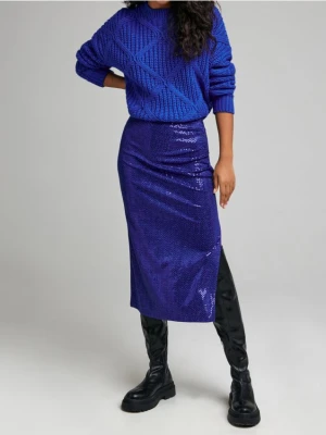 Sinsay - Cekinowa spódnica midi z rozcięciem - niebieski