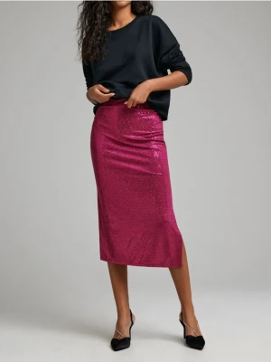 Sinsay - Cekinowa spódnica midi z rozcięciem - różowy