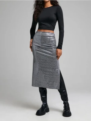 Sinsay - Cekinowa spódnica midi z rozcięciem - srebrny