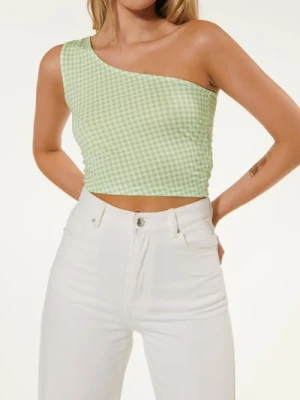 Sinsay - Crop top na jedno ramię w kratę - zielony