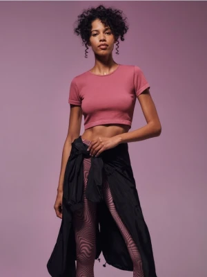 Sinsay - Crop top w prążki GYM HARD - różowy