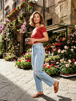 Zdjęcie produktu Sinsay - Crop top z krótkim rękawem - koralowy