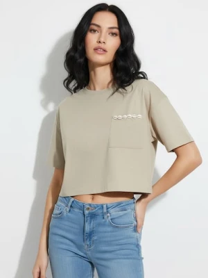 Sinsay - Crop top z ozdobnymi muszelkami - beżowy