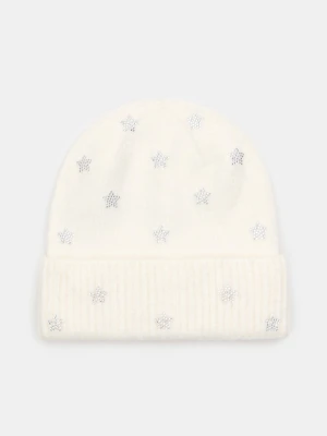Sinsay - Czapka beanie z aplikacją cyrkonii w kształcie gwiazdek - kremowy