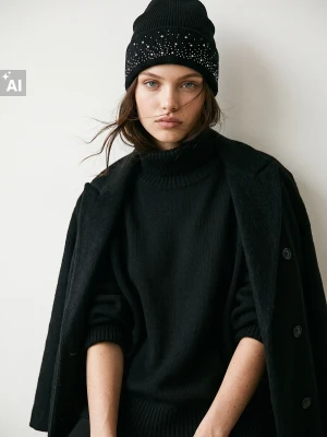 Sinsay - Czapka beanie z domieszką wiskozy i cyrkoniami - czarny