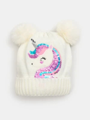 Sinsay - Czapka z pomponami i odwracalnymi cekinami z motywem jednorożca - kremowy