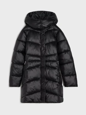 Sinsay - Długa pikowana kurtka z odpinanym kapturem - czarny