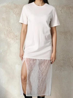 Sinsay - Długa sukienka z koronkowym dołem - kremowy