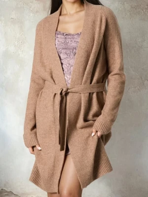 Sinsay - Długi kardigan z paskiem - kremowy