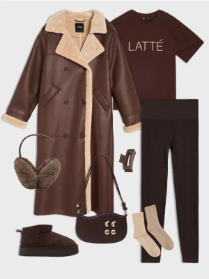 Sinsay - Długi płaszcz z imitacji skóry - brązowy