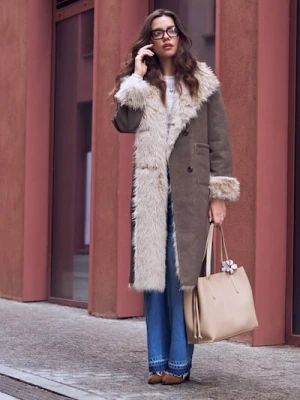 Sinsay - Długi płaszcz ze sztucznym futerkiem - brązowy