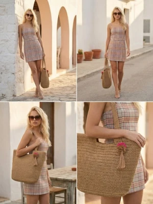 Sinsay - Dopasowana sukienka mini na ramiączkach w kratę z paskiem - pomarańczowy