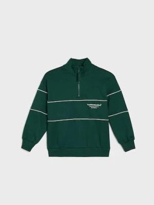 Sinsay - Dresowa bluza half-zip z napisem - green spruce