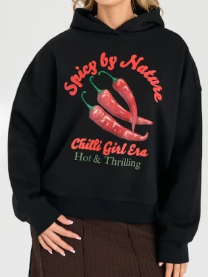 Sinsay - Dresowa bluza hoodie z kontrastowym nadrukiem - czarny