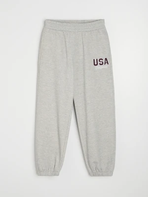 Sinsay - Dresowe spodnie jogger z haftowanym napisem USA - szary