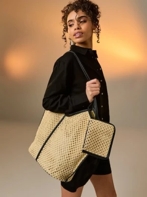 Sinsay - Duża pleciona torba na ramię z portfelem - kremowy