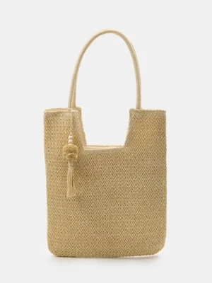 Sinsay - Duża pleciona torba na ramię z zawieszką - kremowy