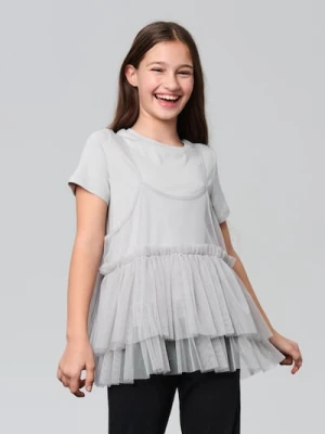 Sinsay - Dwuwarstwowa koszulka z tiulem - szary