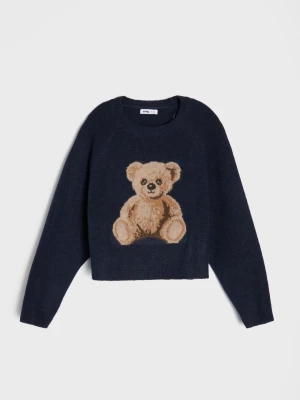 Sinsay - Dzianinowy sweter z motywem misia - granatowy
