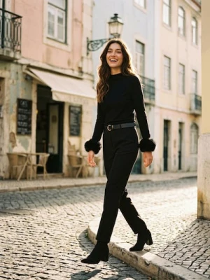 Sinsay - Eleganckie spodnie straight fit z paskiem - czarny