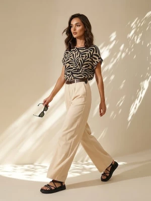 Sinsay - Eleganckie spodnie wide leg z paskiem - kremowy