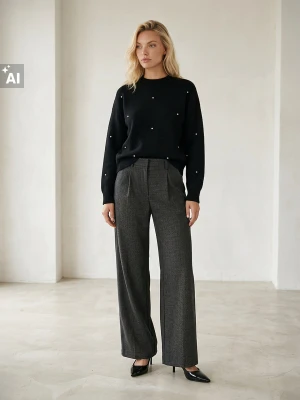 Sinsay - Eleganckie spodnie wide leg z zakładkami w drobną pepitkę - szary