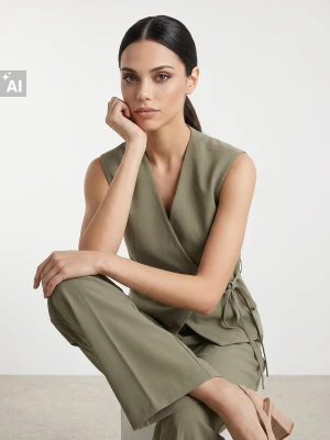 Sinsay - Eleganckie spodnie wide leg z zakładkami - zielony