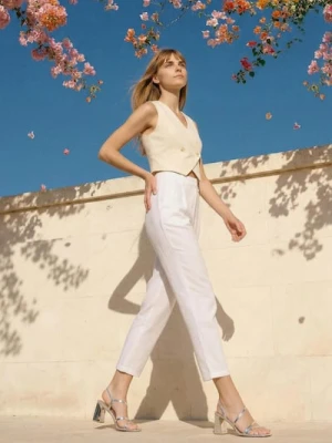 Sinsay - Eleganckie spodnie z zakładkami - kremowy