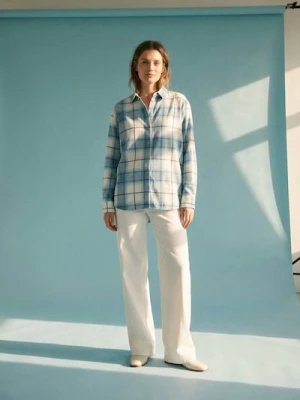 Sinsay - Flanelowa koszula w kratę z domieszką bawełny - błękitny