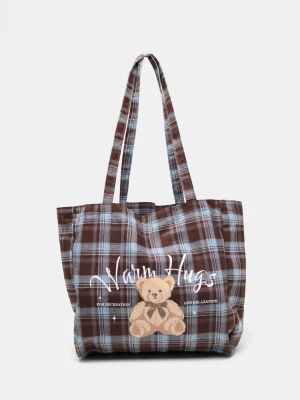 Sinsay - Flanelowa torba shopper w kratę z nadrukiem misia - wielobarwny