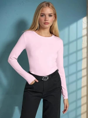 Sinsay - Gładka bluzka z długimi rękawami w prążek - różowy
