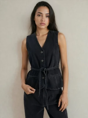 Sinsay - Jeansowa kamizelka z paskiem - czarny