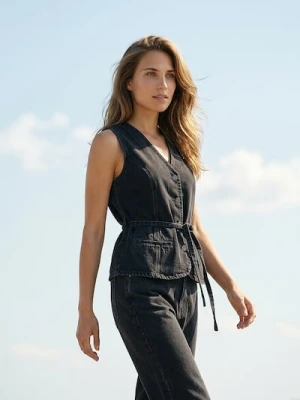 Sinsay - Jeansowa kamizelka z paskiem - czarny