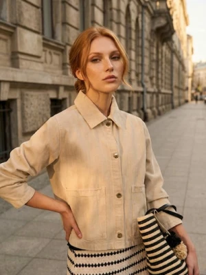 Sinsay - Jeansowa katana z haftowaną lamówką - beżowy