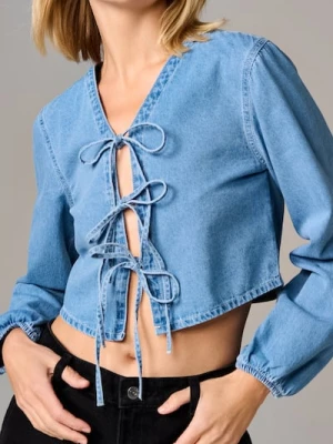 Sinsay - Jeansowa koszula z ozdobnym wiązaniem - niebieski