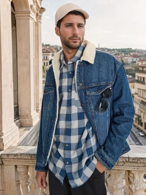 Sinsay - Jeansowa kurtka sherpa trucker - granatowy