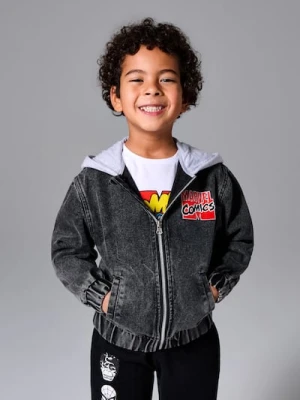 Sinsay - Jeansowa kurtka z dresowym kapturem i nadrukiem na plecach Marvel - czarny